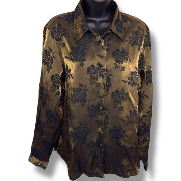 Vintage 90s Size 14 Christie And Jill Green Iridescent Floral Button Up Blouse - Picture 1 of 14